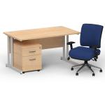 Impulse 1400 x 800 Silver Cant Office Desk Maple + 2 Dr Mobile Ped & Chiro Med Back Blue W/Arms BUND1110