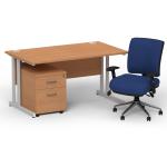 Impulse 1400 x 800 Silver Cant Office Desk Oak + 2 Dr Mobile Ped & Chiro Med Back Blue W/Arms BUND1111