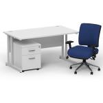 Impulse 1400mm Straight Office Desk White Top Silver Cantilever Leg with 2 Drawer Mobile Pedestal and Chiro Medium Back Blue BUND1113