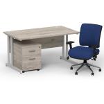 Impulse 1400 x 800 Silver Cant Office Desk Grey Oak + 2 Dr Mobile Ped & Chiro Med Back Blue W/Arms BUND1114