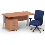 Impulse 1400mm Straight Office Desk Beech Top Silver Cantilever Leg with 3 Drawer Mobile Pedestal and Chiro Medium Back Blue BUND1115
