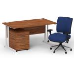 Impulse 1400 x 800 White Cant Office Desk Walnut + 2 Dr Mobile Ped & Chiro Med Back Blue W/Arms BUND1124