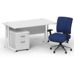 Impulse 1400 x 800 White Cant Office Desk White + 2 Dr Mobile Ped & Chiro Med Back Blue W/Arms BUND1125