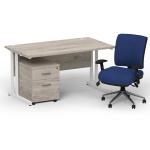 Impulse 1400 x 800 White Cant Office Desk Grey Oak + 2 Dr Mobile Ped & Chiro Med Back Blue W/Arms BUND1126