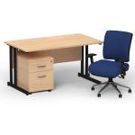 Impulse 1400mm Straight Office Desk Maple Top Black Cantilever Leg with 2 Drawer Mobile Pedestal and Chiro Medium Back Blue BUND1134