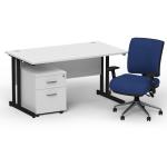 Impulse 1400mm Straight Office Desk White Top Black Cantilever Leg with 2 Drawer Mobile Pedestal and Chiro Medium Back Blue BUND1137