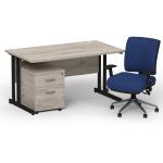 Impulse 1400 x 800 Black Cant Office Desk Grey Oak + 2 Dr Mobile Ped & Chiro Med Back Blue W/Arms BUND1138