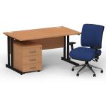 Impulse 1400mm Straight Office Desk Oak Top Black Cantilever Leg with 3 Drawer Mobile Pedestal and Chiro Medium Back Blue BUND1141