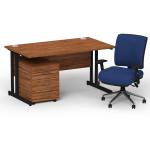 Impulse 1400mm Straight Office Desk Walnut Top Black Cantilever Leg with 3 Drawer Mobile Pedestal and Chiro Medium Back Blue BUND1142