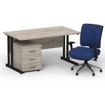 Impulse 1400mm Straight Office Desk Grey Oak Top Black Cantilever Leg with 3 Drawer Mobile Pedestal and Chiro Medium Back Blue BUND1144