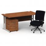 Impulse 1600mm Straight Office Desk Walnut Top Silver Cantilever Leg with 2 Drawer Mobile Pedestal and Chiro Medium Back Black BUND1148