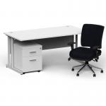 Impulse 1600mm Straight Office Desk White Top Silver Cantilever Leg with 2 Drawer Mobile Pedestal and Chiro Medium Back Black BUND1149