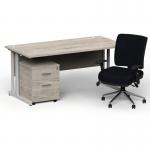 Impulse 1600mm Straight Office Desk Grey Oak Top Silver Cantilever Leg with 2 Drawer Mobile Pedestal and Chiro Medium Back Black BUND1150