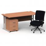 Impulse 1600mm Straight Office Desk Beech Top Silver Cantilever Leg with 3 Drawer Mobile Pedestal and Chiro Medium Back Black BUND1151