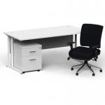 Impulse 1600mm Straight Office Desk White Top White Cantilever Leg with 2 Drawer Mobile Pedestal and Chiro Medium Back Black BUND1161