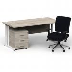 Impulse 1600mm Straight Office Desk Grey Oak Top White Cantilever Leg with 3 Drawer Mobile Pedestal and Chiro Medium Back Black BUND1168