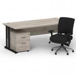 Impulse 1600mm Straight Office Desk Grey Oak Top Black Cantilever Leg with 2 Drawer Mobile Pedestal and Chiro Medium Back Black BUND1174