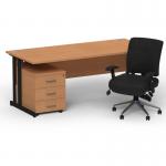 Impulse 1600mm Straight Office Desk Oak Top Black Cantilever Leg with 3 Drawer Mobile Pedestal and Chiro Medium Back Black BUND1177