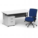 Impulse 1600mm Straight Office Desk White Top Silver Cantilever Leg with 2 Drawer Mobile Pedestal and Chiro Medium Back Blue BUND1185