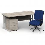 Impulse 1600mm Straight Office Desk Grey Oak Top Silver Cantilever Leg with 2 Drawer Mobile Pedestal and Chiro Medium Back Blue BUND1186