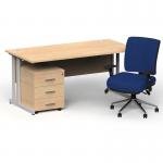 Impulse 1600mm Straight Office Desk Maple Top Silver Cantilever Leg with 3 Drawer Mobile Pedestal and Chiro Medium Back Blue BUND1188
