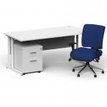 Impulse 1600mm Straight Office Desk White Top White Cantilever Leg with 2 Drawer Mobile Pedestal and Chiro Medium Back Blue BUND1197