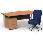 Impulse 1600mm Straight Office Desk Oak Top White Cantilever Leg with 3 Drawer Mobile Pedestal and Chiro Medium Back Blue BUND1201