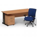 Impulse 1600mm Straight Office Desk Oak Top Black Cantilever Leg with 2 Drawer Mobile Pedestal and Chiro Medium Back Blue BUND1207