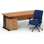 Impulse 1600mm Straight Office Desk Oak Top Black Cantilever Leg with 3 Drawer Mobile Pedestal and Chiro Medium Back Blue BUND1213