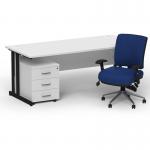 Impulse 1600mm Straight Office Desk White Top Black Cantilever Leg with 3 Drawer Mobile Pedestal and Chiro Medium Back Blue BUND1215