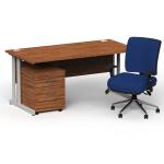 Impulse 1800 x 800 Silver Cant Office Desk Walnut + 2 Dr Mobile Ped & Chiro Med Back Blue W/Arms BUND1256