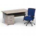 Impulse 1800mm Straight Office Desk Grey Oak Top Silver Cantilever Leg with 2 Drawer Mobile Pedestal and Chiro Medium Back Blue BUND1258