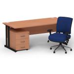 Impulse 1800mm Straight Office Desk Beech Top Black Cantilever Leg with 3 Drawer Mobile Pedestal and Chiro Medium Back Blue BUND1283