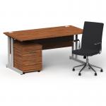 Impulse 1600mm Straight Office Desk Walnut Top Silver Cantilever Leg with 2 Drawer Mobile Pedestal and Ezra Black BUND1292