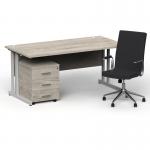 Impulse 1600mm Straight Office Desk Grey Oak Top Silver Cantilever Leg with 3 Drawer Mobile Pedestal and Ezra Black BUND1300