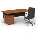 Impulse 1600mm Straight Office Desk Walnut Top Silver Cantilever Leg with 2 Drawer Mobile Pedestal and Ezra Brown BUND1316