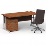 Impulse 1600mm Straight Office Desk Walnut Top Silver Cantilever Leg with 3 Drawer Mobile Pedestal and Ezra Brown BUND1322
