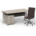 Impulse 1600mm Straight Office Desk Grey Oak Top Silver Cantilever Leg with 3 Drawer Mobile Pedestal and Ezra Brown BUND1324