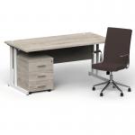 Impulse 1600mm Straight Office Desk Grey Oak Top White Cantilever Leg with 3 Drawer Mobile Pedestal and Ezra Brown BUND1336