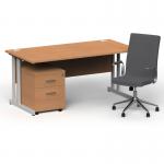 Impulse 1600mm Straight Office Desk Oak Top Silver Cantilever Leg with 2 Drawer Mobile Pedestal and Ezra Grey BUND1339
