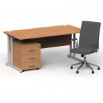 Impulse 1600mm Straight Office Desk Oak Top Silver Cantilever Leg with 3 Drawer Mobile Pedestal and Ezra Grey BUND1345