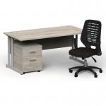 Impulse 1600mm Straight Office Desk Grey Oak Top Silver Cantilever Leg with 2 Drawer Mobile Pedestal and Relay Black Back BUND1390