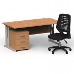 Impulse 1600mm Straight Office Desk Oak Top Silver Cantilever Leg with 3 Drawer Mobile Pedestal and Relay Black Back BUND1393