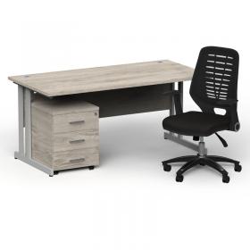 Impulse 1600/800 Silver Cant Desk Grey Oak + 3 Dr Mobile Ped & Relay Black Back BUND1396