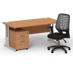 Impulse 1600mm Straight Office Desk Oak Top Silver Cantilever Leg with 2 Drawer Mobile Pedestal and Relay Silver Back BUND1411