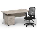 Impulse 1600mm Straight Office Desk Grey Oak Top Silver Cantilever Leg with 2 Drawer Mobile Pedestal and Relay Silver Back BUND1414