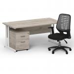 Impulse 1600mm Straight Office Desk Grey Oak Top White Cantilever Leg with 2 Drawer Mobile Pedestal and Relay Silver Back BUND1426