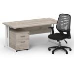 Impulse 1600mm Straight Office Desk Grey Oak Top White Cantilever Leg with 2 Drawer Mobile Pedestal and Relay Silver Back BUND1426