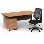 Impulse 1600mm Straight Office Desk Oak Top White Cantilever Leg with 3 Drawer Mobile Pedestal and Relay Silver Back BUND1429