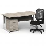 Impulse 1600mm Straight Office Desk Grey Oak Top White Cantilever Leg with 3 Drawer Mobile Pedestal and Relay Silver Back BUND1432